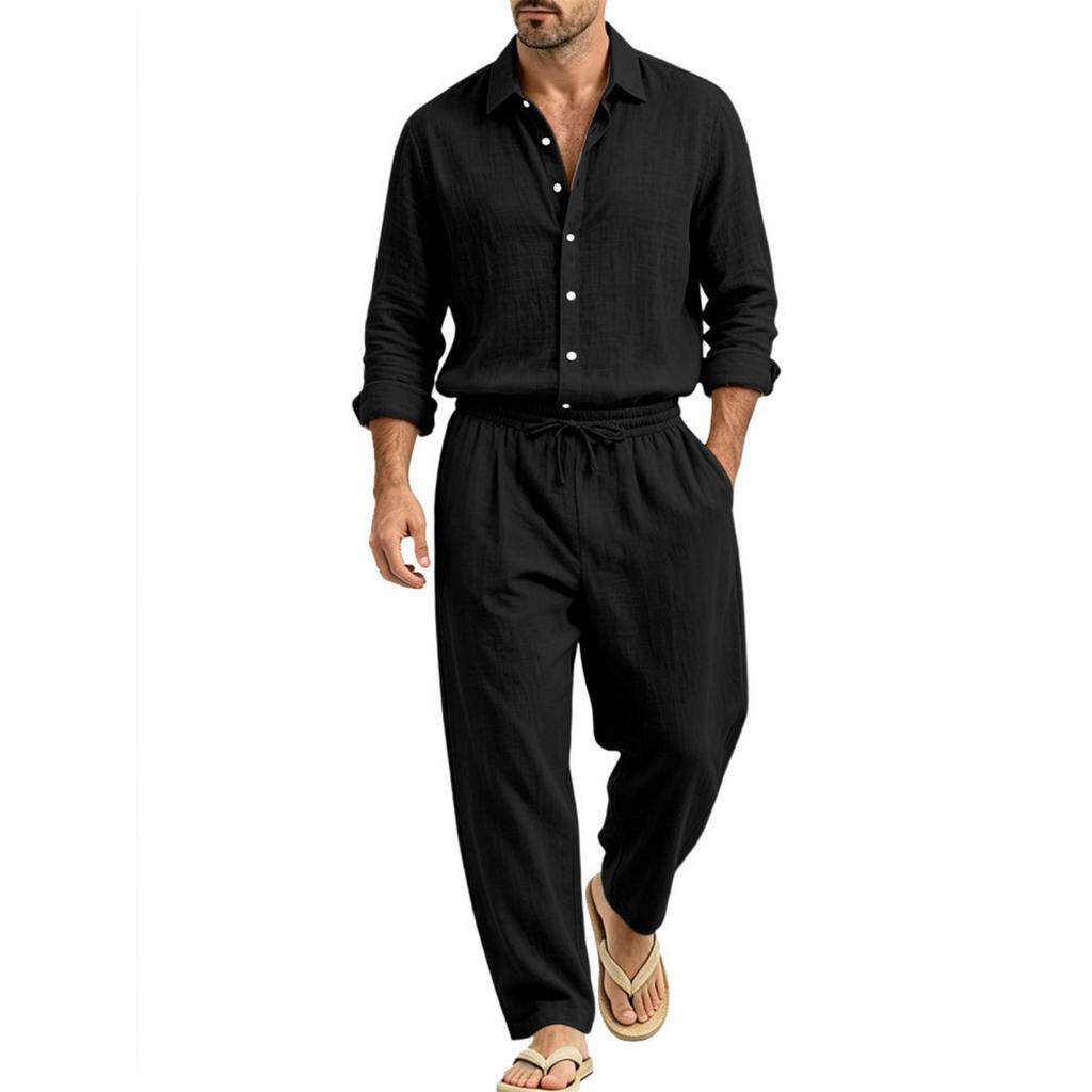 Men's Long Sleeve Shirt and Straight Leg Pants Set Vacation Casual Two-Piece Outfit
