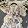 Abito Chiffon Stampato Sle Vacanza al Mare Donna Estate Nuovo Scollo a V Aderente in Vita Snellente Lunghezza Media Ampia Gonna a Ruota Moda