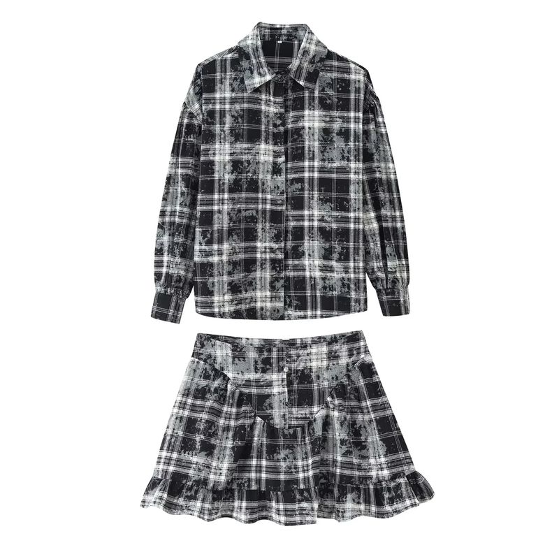 

Весенне-летняя новая женская одежда в стиле Инс, декорированная пуговицами в ряд, с лацканами, с длинным рукавом, рубашка-топ + юбка с оборками, комплект Print Two-piece set L