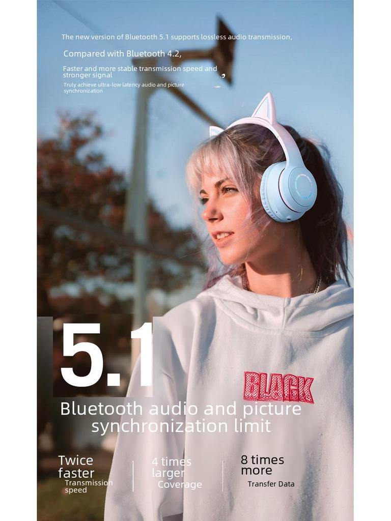 Cat Ear Bluetooth Gaming Headphones with Extended Battery Life and No Delay