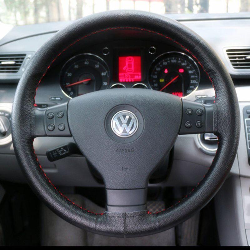 Genuine Leather Hand-Stitched Car Steering Wheel Cover, Unisex, Suitable for All Seasons, for Volkswagen, Honda, Toyota, Thin Style, Sweat-Absorbent