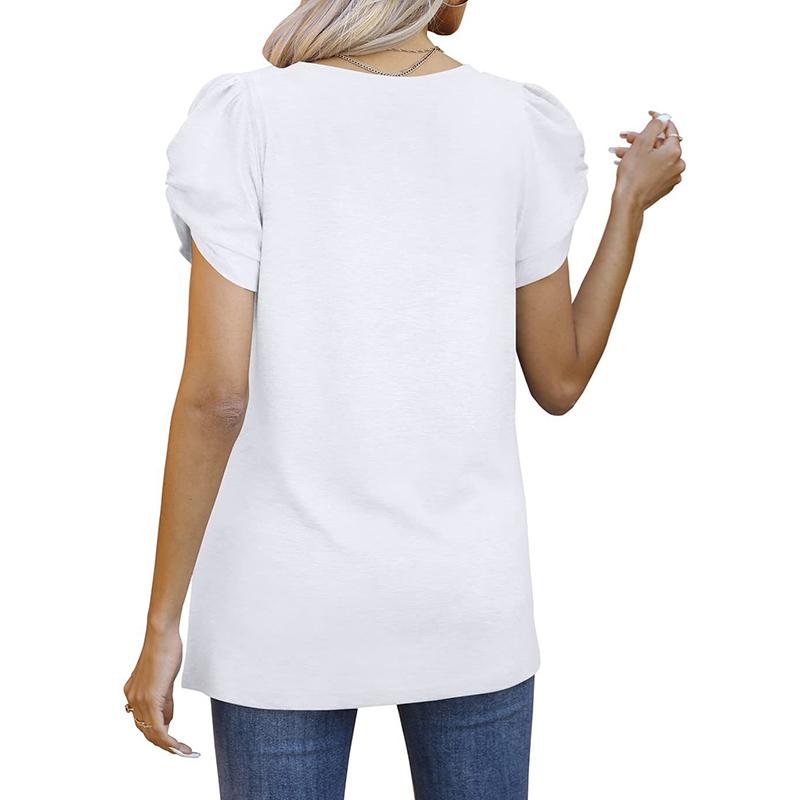 Ladies Summer Knot Short Sleeve V Neck Solid Color Pullover T Shirt Top