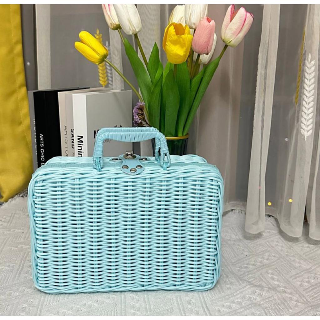 Deze koffer van kunststof met rotan frame is perfect voor picknicks, Pasen, het opbergen van spullen en andere gelegenheden.