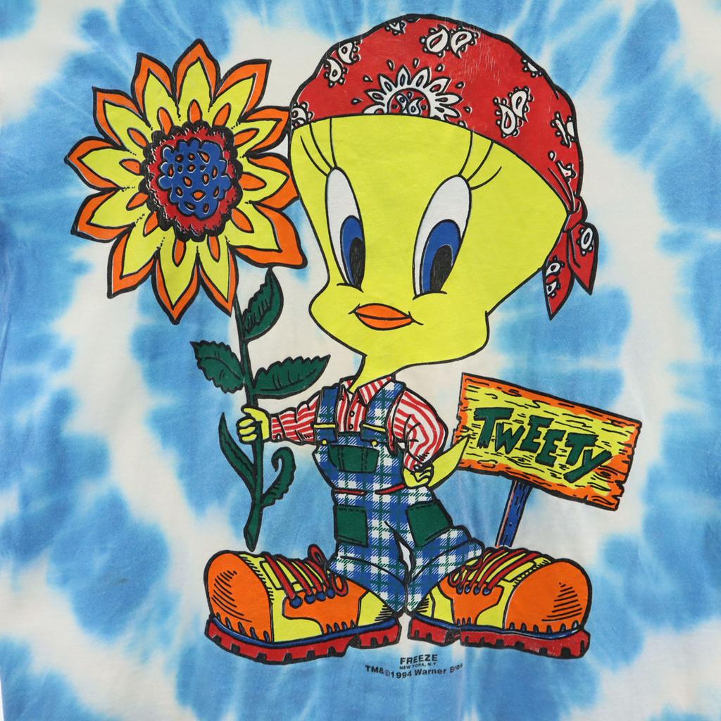 tultex 00s Old Looney Tunes Tweety Short Sleeve T-shirt L Blue Tie-dye Men's Used