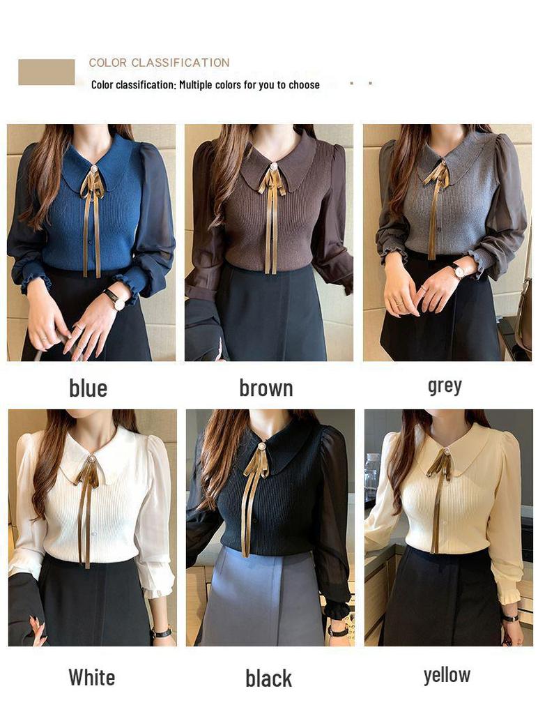 2025 Women's Slim Fit Chiffon Knit Sweater with Peter Pan Collar and Lantern Sleeves
