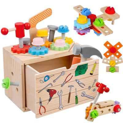 HIWO Montessori Wooden Tool Toy 2-in-1 Building Toy with Drawer Storage, Ages 3-6, Educational Toy, STEM Education, Pretend Play, Kids, Birthday,