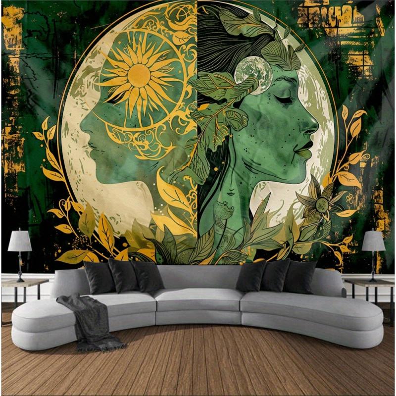 VIKAMA Sun Moon Goddess Tapestry Bohemian Green Flower Style Wall Tapestry Bedroom Living Room Aesthetics Home Decoration