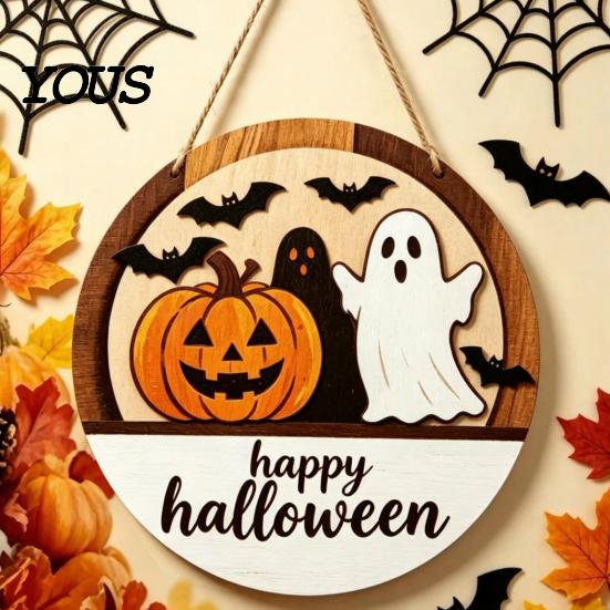 Handmade Wood Sign Halloween Layered Round Door Hanger, 3D Pumpkin Ghost Owl Welcome Sign, Front Porch Seasonal Plaque Farmhouse Wall Hanging