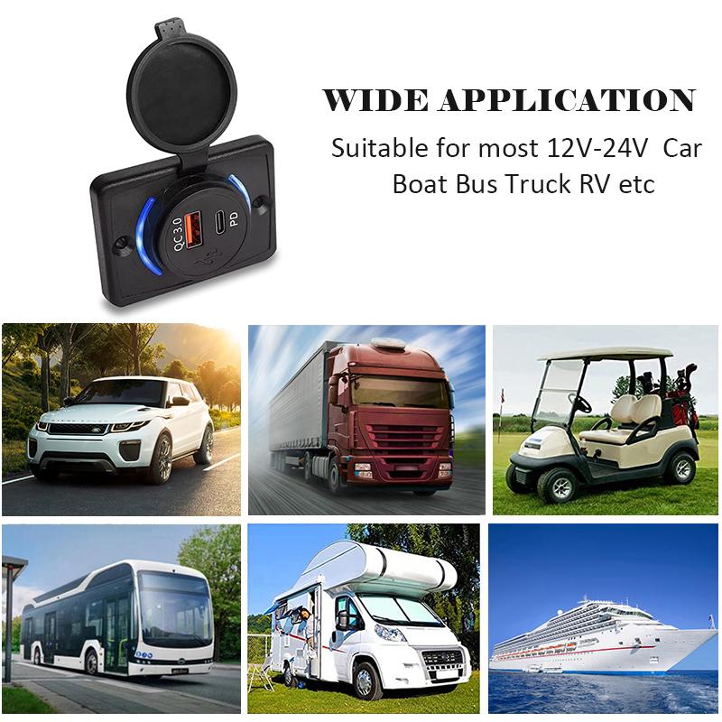 12-24V PD QC3.0 USB Outlet RV USB Outlet Panel 18W Quick Charge Car Charger Socket with LED Light for Car Bus Truck Boat ATV RV