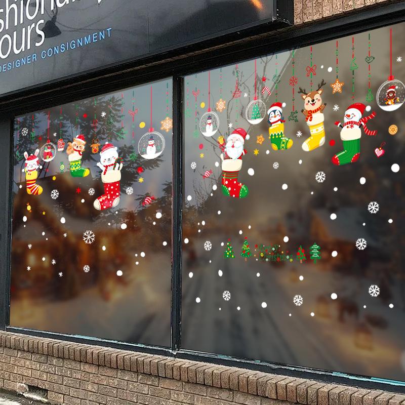 Christmas Socks, Holiday Decorations, Electrostatic Glass Doors, Shop and Restaurant Entrance Decorations, Snowman Window Stickers