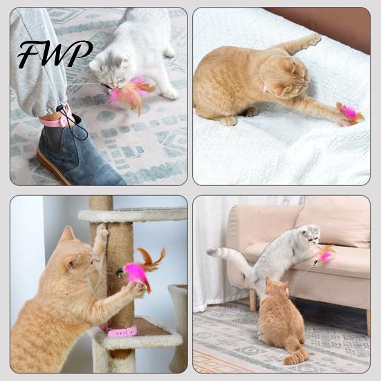 Cat Teaser Wand Collar Feather Toy Interactive Hands Free with Feathers Bell Adjustable for Indoor Kitty Solo Play
