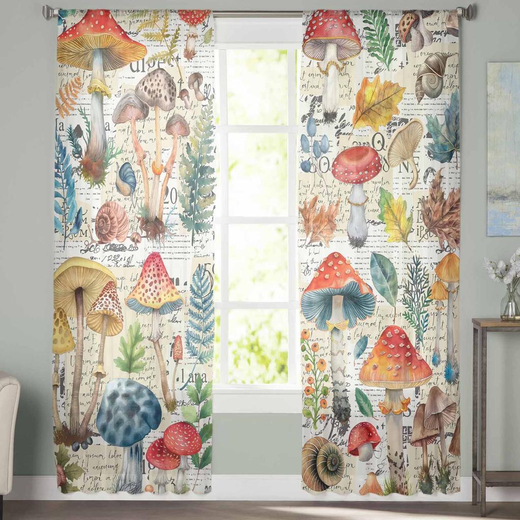 Mushrooms Plants Hand Drawn Watercolor Retro Tulle Window Curtains for Bedroom Luxury Home Drapes In Living Room Chiffon Panels