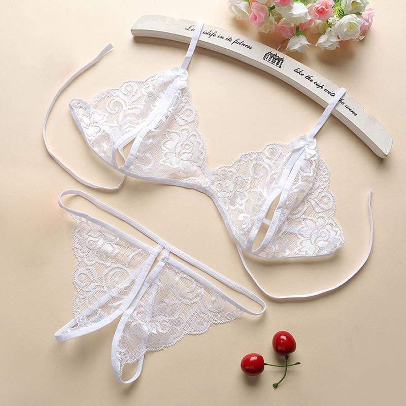 4 Pieces/set Women's Lace Lingerie Set Sexy Underwear Hollow Opening Bra Thong Garter Net Stockings Set Erotic Exotic Underwear