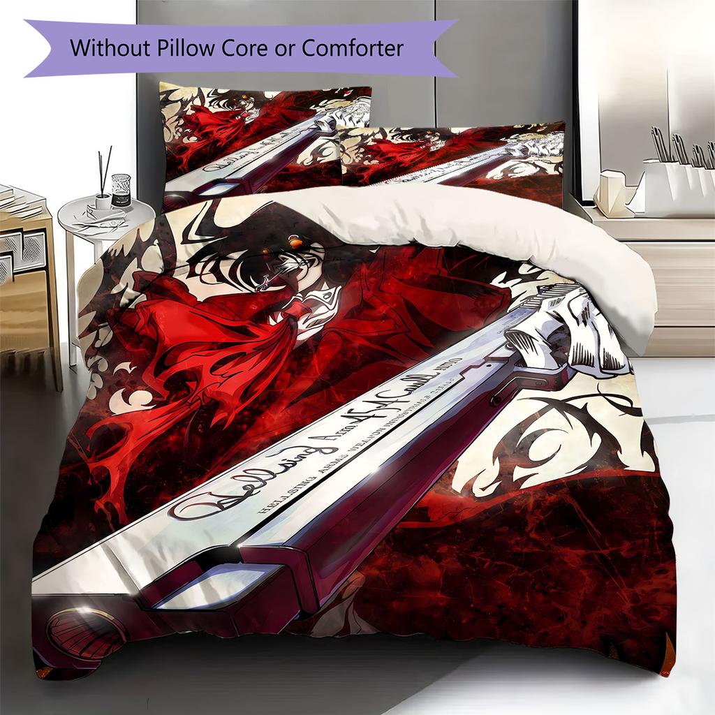HELLSING Pattern Bedding Quilt Set Quilt Cover Pillowcase Home Decoration Birthday Gift (1 * Duvet Cover + 2 * Pillowcase, Without Core)