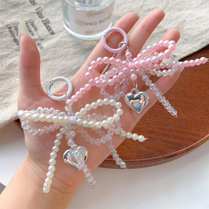 Y2K Bowknot Perlen Tasche Anhänger Charm Herz Schlüsselanhänger Eleganter Perlen Schlüsselanhänger Süße Schleife Handy Schlüsselanhänger