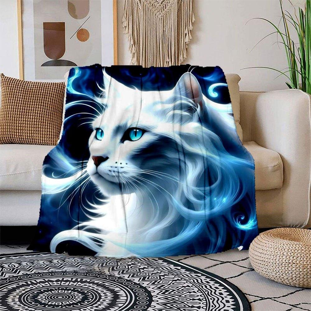 

Enchanted Blue Cat Fantasy Art Print Blanket Flannel Throw Blanket for Sofa, Bed, Travel, Camping, Office, Couch, Chair, And Bed Gift for C 130x150cm