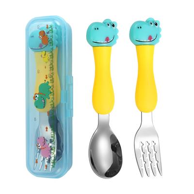 304 Stainless Steel Dinosaur Baby Children's Portable Tableware Cartoon Spoon Fork Learning Training Chopsticks Fork Spoon Set
