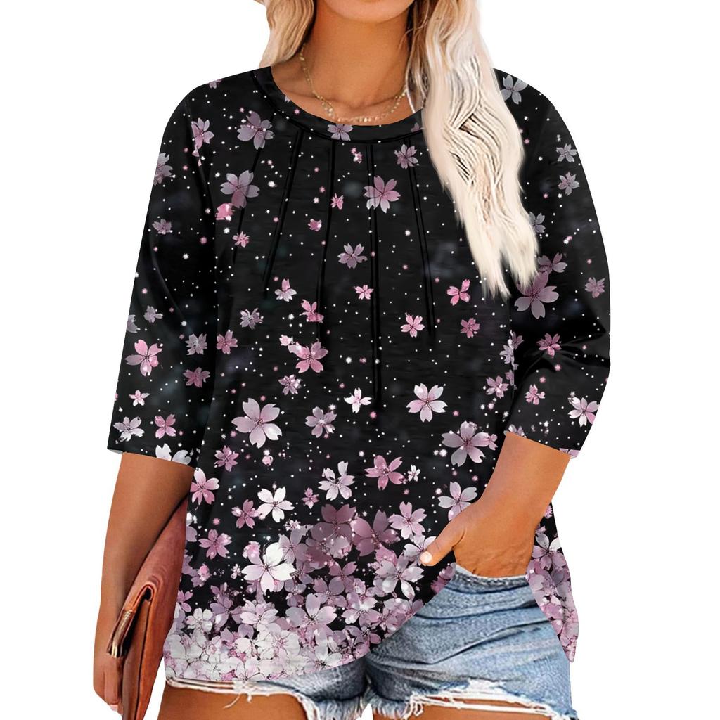 Women's Print Round Neck Plus Size Tops 3/4 Sleeves Elegant Shirt Tops