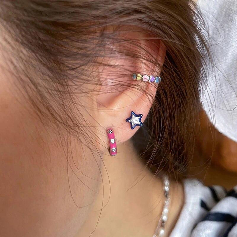 1 paio di orecchini a bottone mini pentagramma a forma di stella di cristallo blu alla moda per le donne, orecchini estetici dolci e alla moda, gioielli Y2k