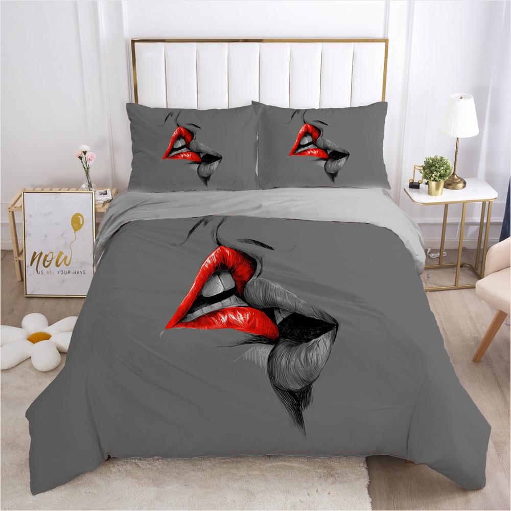 Love Couple Duvet Cover And Pillow Shams Set,Pink, Gray,Sexy Lips,Kissing, Comforter Cover For Women,Girls,bedding Set black,red