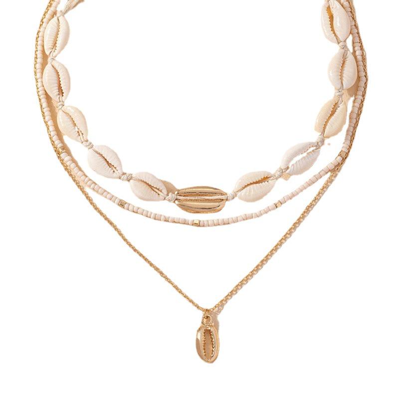 Bohemian Style Multi-Layer Clavicle Chain Necklace with Seed Beads and Shell Pendant for Women