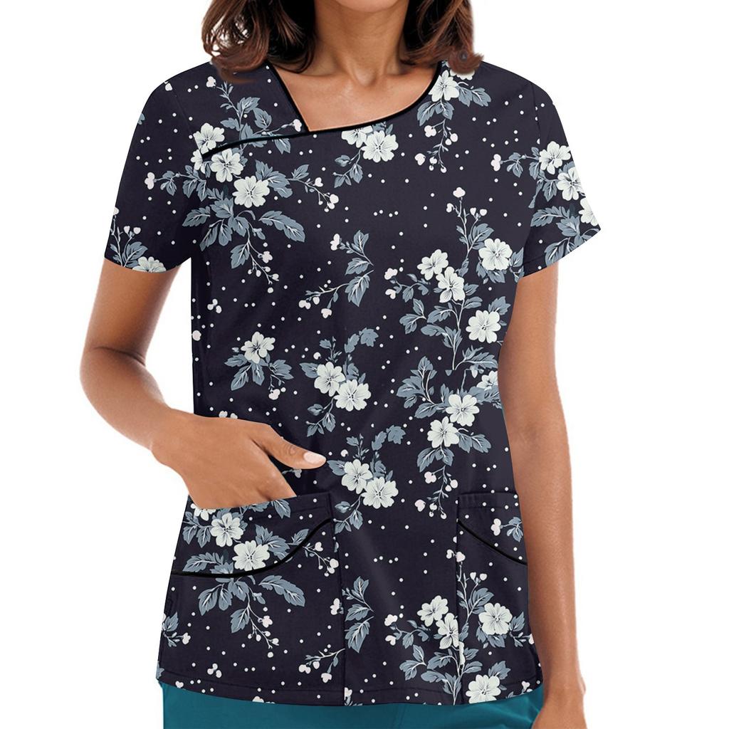 Women's Printed Work Clothes, Sloping Collar And Double Layer Pockets, Basic Top Pullover