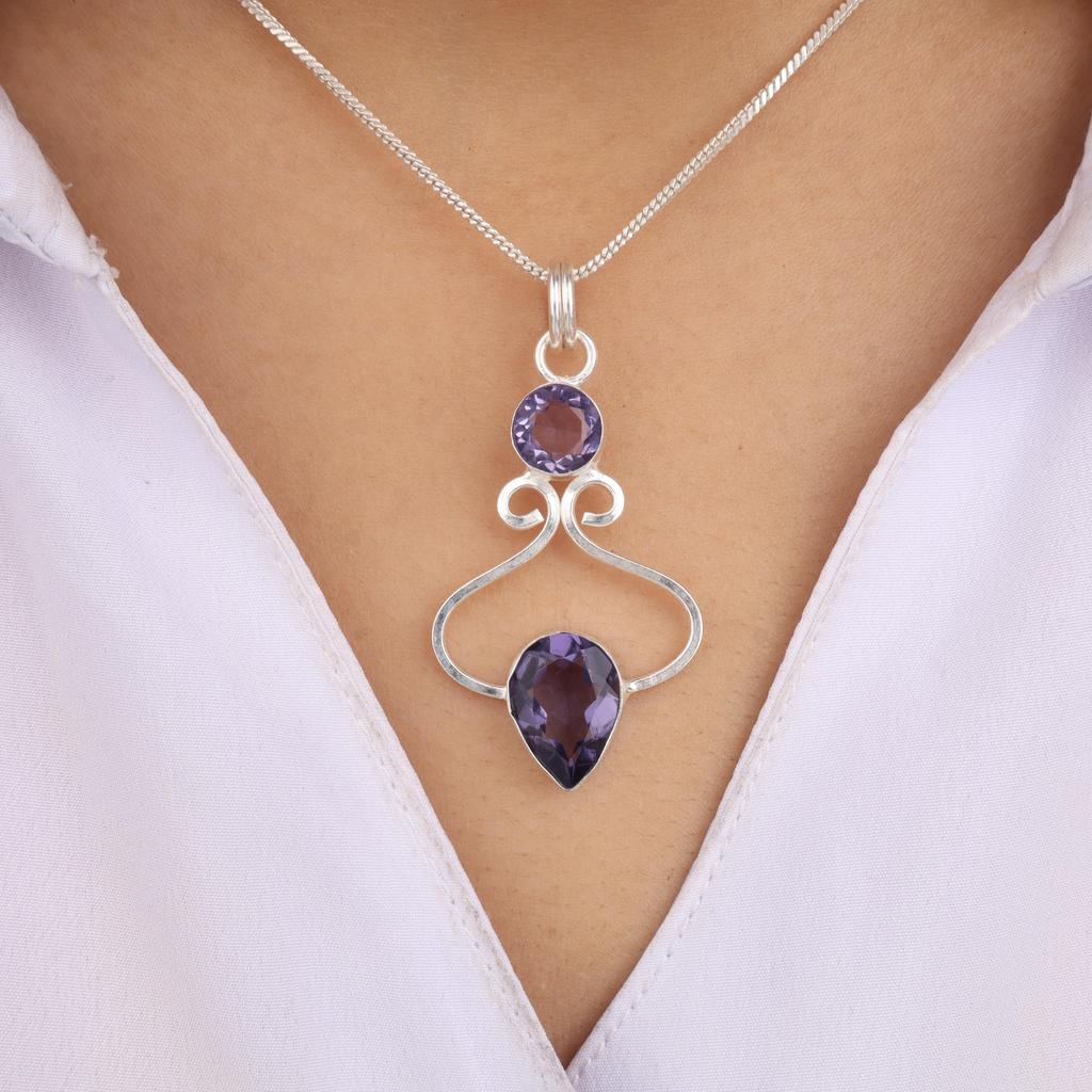 Iolite Gemstone 925 Sterling Silver Statement Designer Pendant 1.60" For Mother PP-13-2