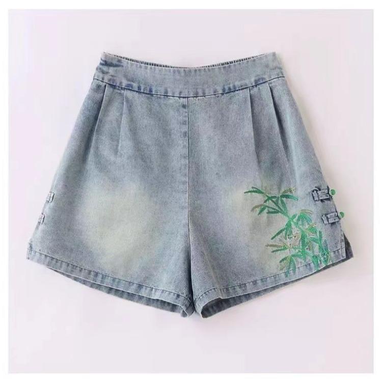 Summer Women Denim Two Piece Set Vintage Embroidered Wide Leg Shorts Chinese Fashion