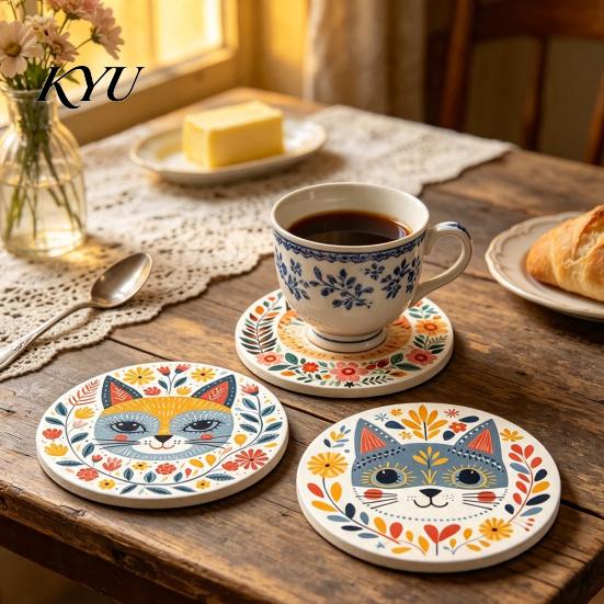 Functional Coasters for Home Decor 6 Pcs Cute Cat Coasters, Thick Heat-Resistant Wood Coaster Tabletop Protection, Anti-skid Tables Non Slip