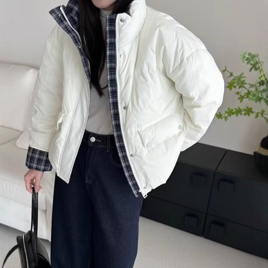 Premium stand-up collar short down jacket women's white duck down winter retro plaid splicing thickened bread jacket