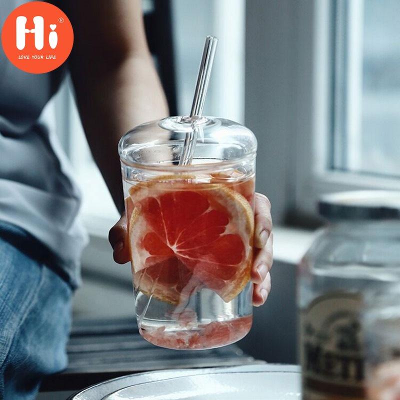 Hi 1/3 ks severský průhledný skleněný hrnek na kávu, žáruvzdorný čaj, mléko a vodu s víčkem a brčkem 500ml