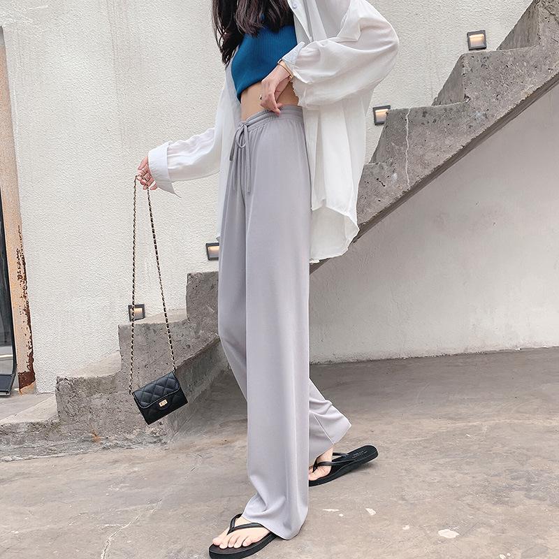 Pantalon Large Cheville pour Femme Casual Été Uni Taille Élastique Ample Pantalon en Soie Glacée Printemps Été Pantalon Féminin