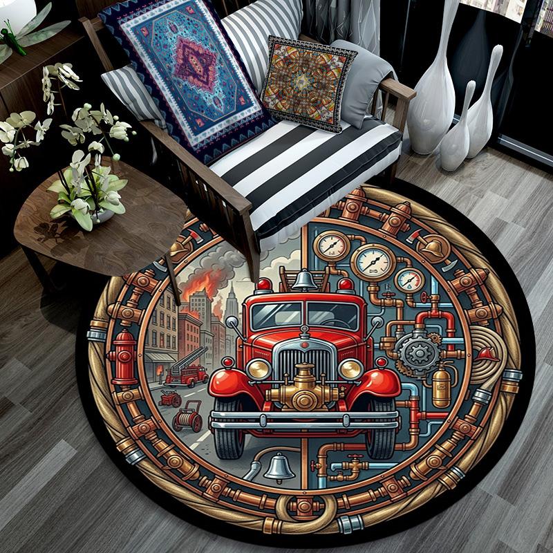 Fire Truck Adventure Round Area Rug Under Office Chairs Bedroom Living Room Home Decor