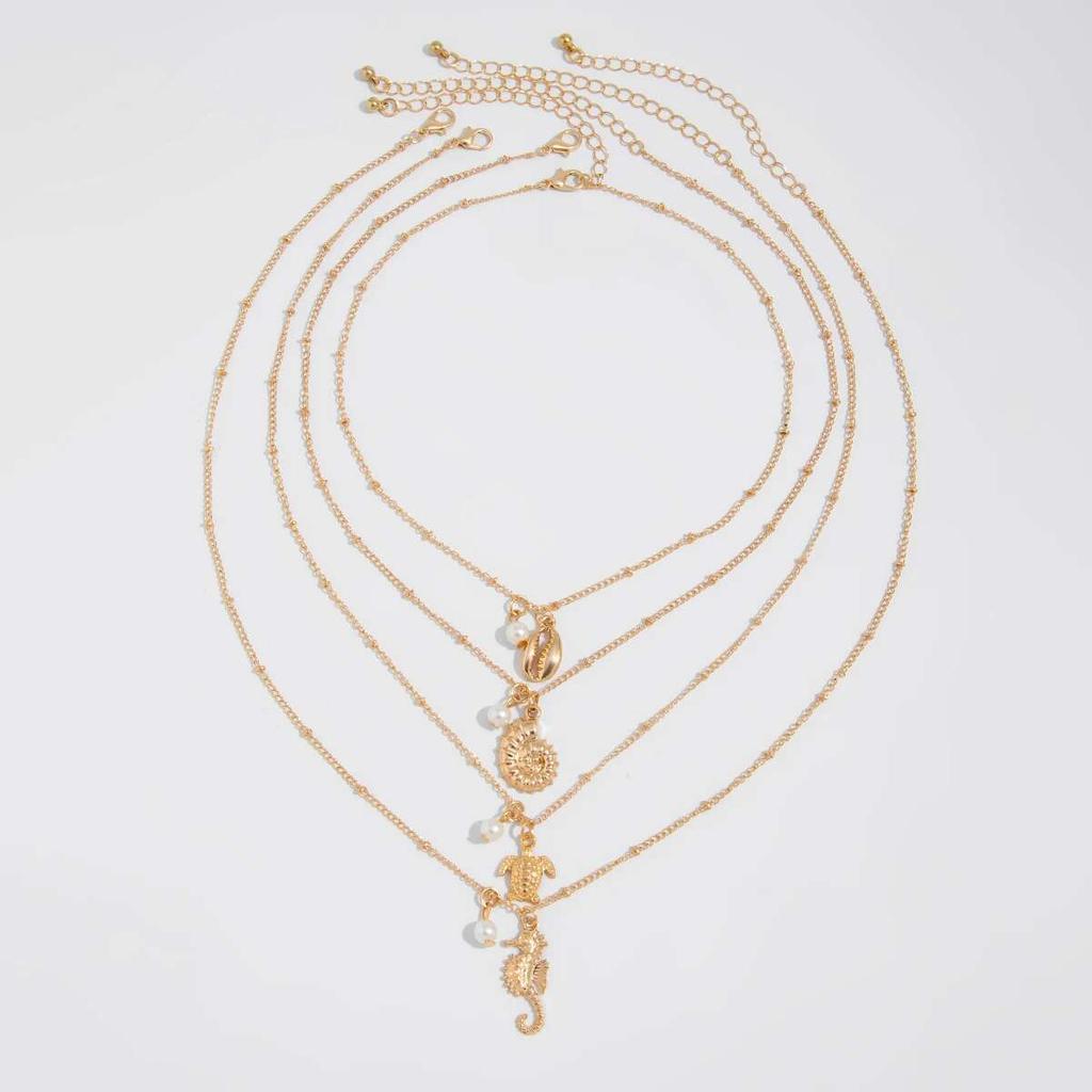 Salircon 4Pc/Set Boho seahorse Sea Turtle Pendant Necklace Women  New Summer Conch Imitation Pearl Charms Chain Jewelry