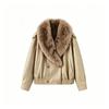 Womens Faux Leather Biker Jacket With Removable Fur Collar Streetwear Chic Outerwear