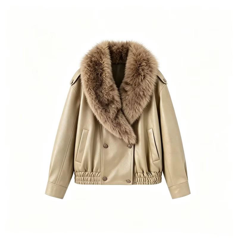 Womens Faux Leather Biker Jacket With Removable Fur Collar Streetwear Chic Outerwear