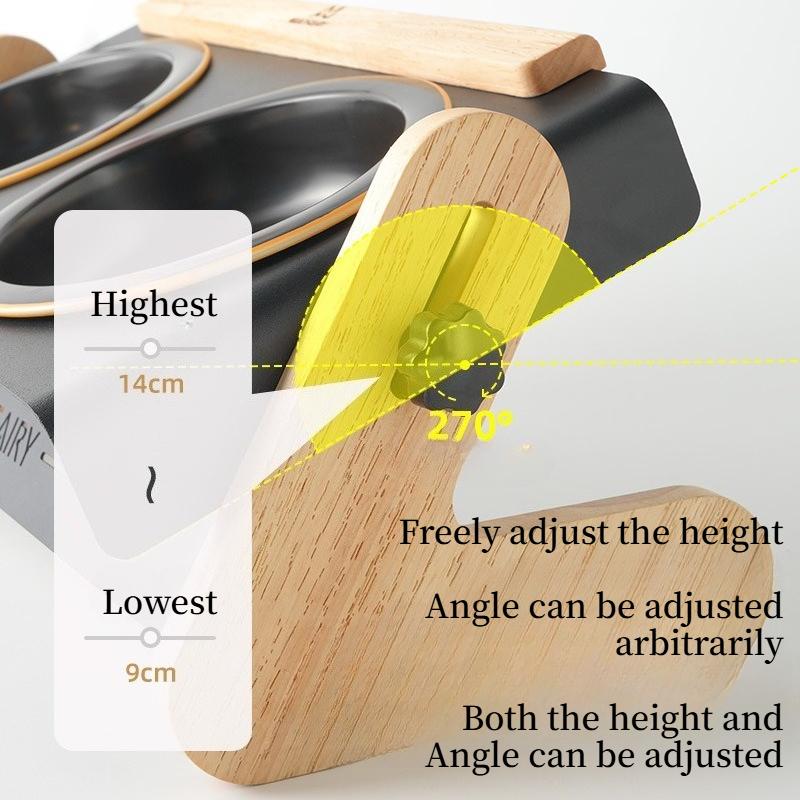 Adjustable Height Pet Feeder Stand with 2 Dishwasher-Stainless Steel Bowls–Wood Top& Metal Frame Elevated Food/Water Station