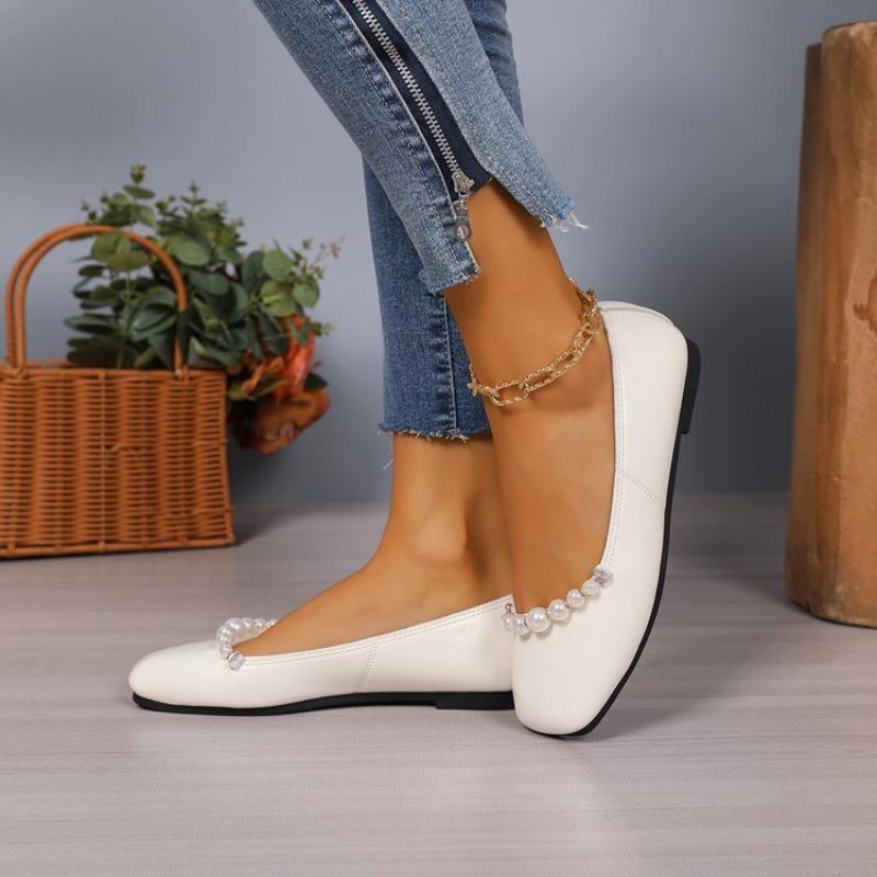 Women Square‑Toe Pearl Mary Jane Flats Soft Leather Ballet Shoes