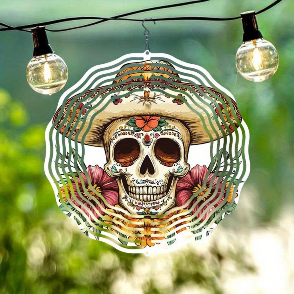 Kaijit - 1pc No Battery Required Cinco De Mayo Skull with Hat Mandala Wind Powered Rotating Wind Chime - Dynamic 2D Hanging Garden Art