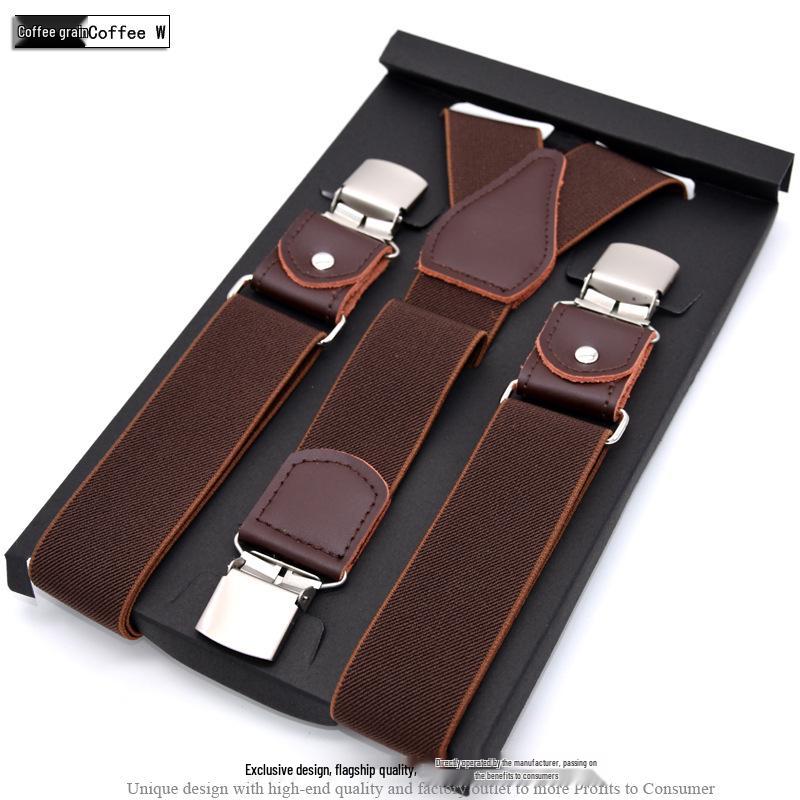 European-Style Plaid Suspenders with Leather Accents and Three-Clip Design