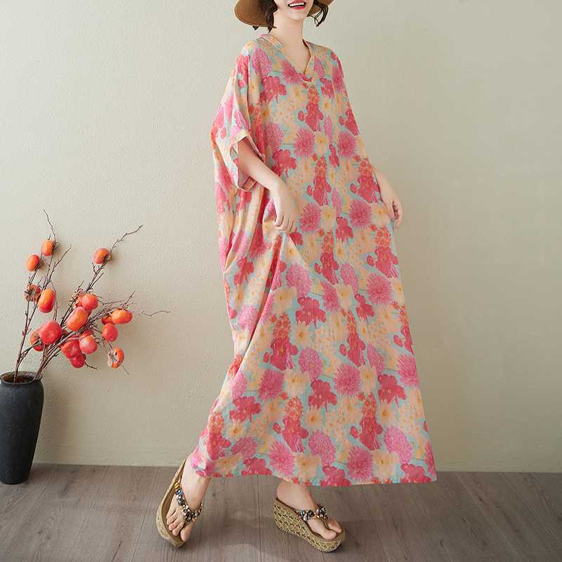 V-neck Retro Long Skirt Cotton Linen Dress for Women