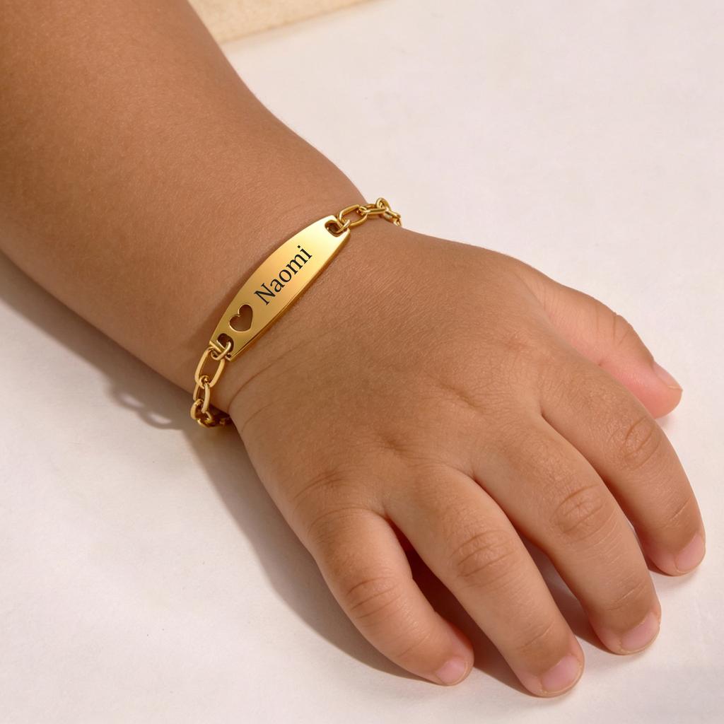 Atoztide Engrave Name Date Bracelet Stainless Steel Hollow Heart Jewelry For Kids Adjustable Paperclip Chain Personalized Gift