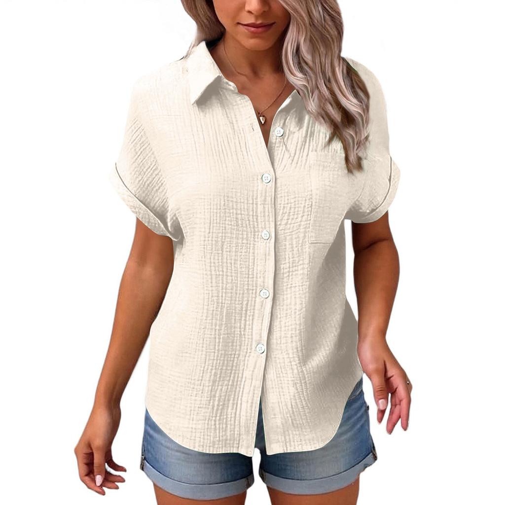 Womens Button Down Shirts Short Sleeve Casual Collared Shirt Loose Blouses Color Tops With Pocket