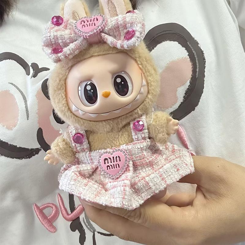 17cm Oblečení pro panenky Labubu Roztomilé Mini Plyšové Oblečení pro panenky Oblečení Monstrum Doplňky Perlové Mini Růžové Princeznovské šaty