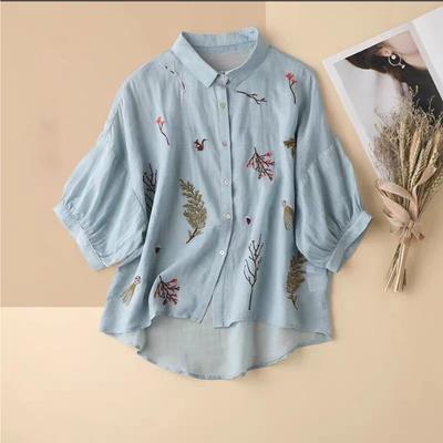 Chemise d'été Sept Points Coton Lin Brodé pour Femmes Littéraire Ample Tempérament Revers Décontracté pour Femmes