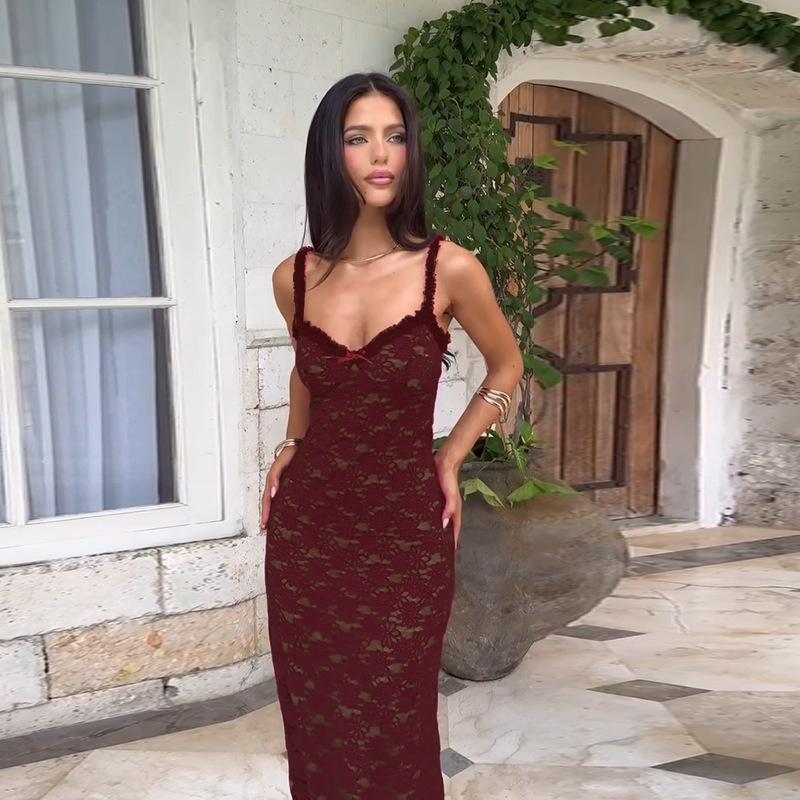 Women Sexy Lace Patchwork High Waist Bodycon Camisole Long Dress For Women
