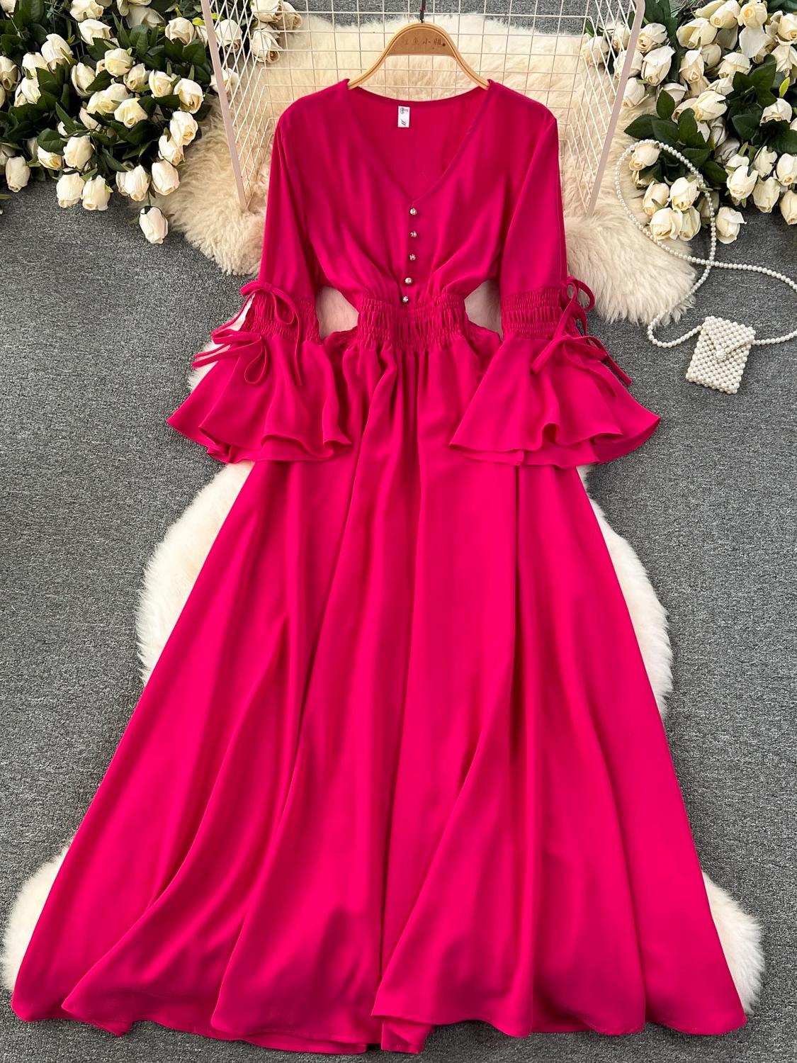 

Весенне-осеннее новое длинное платье ярких цветов Fahison, женское элегантное платье с v-образным вырезом и расклешенными рукавами, с высокой талией, праздничные пляжные платья макси-халат One Size розы красного