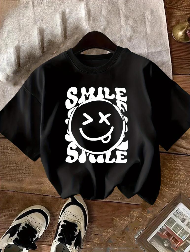 2026 Summer Fashion Round Neck Pure Cotton Tshirt for Girls with Letter Smiley Face Cute Shortsleeved Breathable Casual Top