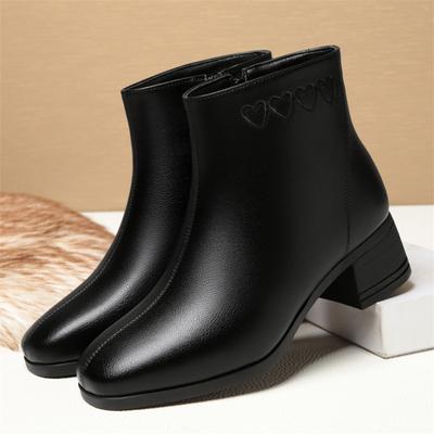 Herbst Winter Weiches Leder Neue Zurück Zipper Vielseitige Frauen Einfarbig Mode Stiefel Dicken Absatz Bequeme Baumwolle Schuhe