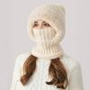 3 In 1 Women Knitted Scarf Hat Plush Ball Decor Windproof Warm Snow Cap Solid Color Fleece Lining Outdoor Activity Hat